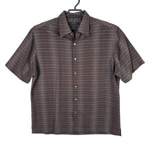 Mens Axist Silk Touch Brown Plaid Shirt Short Sleeve Button Up Modal Blend XL